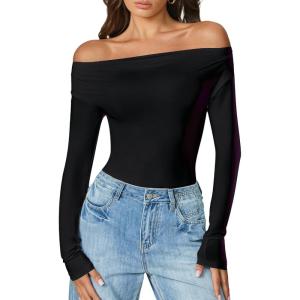 imageAvidlove Women Off the Shoulder Long Sleeve Bodysuit Double Lined Thong Body Suits Tops Soft Sexy OutfitsBlack