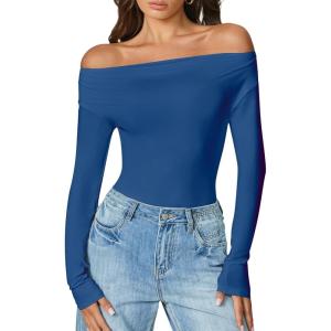 imageAvidlove Women Off the Shoulder Long Sleeve Bodysuit Double Lined Thong Body Suits Tops Soft Sexy OutfitsBlue
