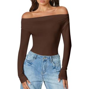 imageAvidlove Women Off the Shoulder Long Sleeve Bodysuit Double Lined Thong Body Suits Tops Soft Sexy OutfitsBrown