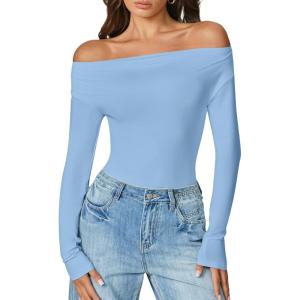 imageAvidlove Women Off the Shoulder Long Sleeve Bodysuit Double Lined Thong Body Suits Tops Soft Sexy OutfitsLight Blue