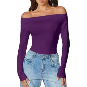 imageAvidlove Women Off the Shoulder Long Sleeve Bodysuit Double Lined Thong Body Suits Tops Soft Sexy OutfitsPurple