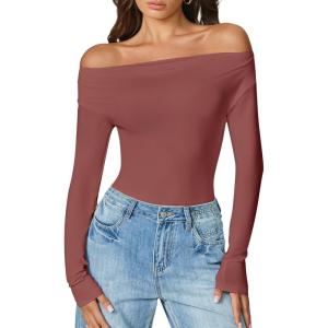 imageAvidlove Women Off the Shoulder Long Sleeve Bodysuit Double Lined Thong Body Suits Tops Soft Sexy OutfitsPurple Red