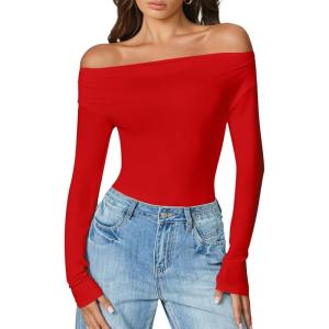 imageAvidlove Women Off the Shoulder Long Sleeve Bodysuit Double Lined Thong Body Suits Tops Soft Sexy OutfitsRed