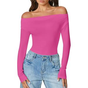 imageAvidlove Women Off the Shoulder Long Sleeve Bodysuit Double Lined Thong Body Suits Tops Soft Sexy OutfitsRose Red