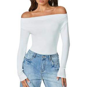 imageAvidlove Women Off the Shoulder Long Sleeve Bodysuit Double Lined Thong Body Suits Tops Soft Sexy OutfitsWhite