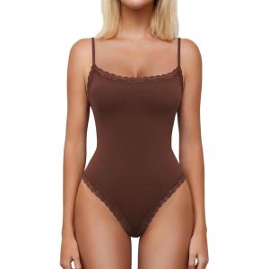 imageAvidlove Women Square Neck Lace Bodysuit Sleeveless Spaghetti Strap Tank Top Body SuitsBrown