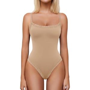 imageAvidlove Women Square Neck Lace Bodysuit Sleeveless Spaghetti Strap Tank Top Body SuitsNude