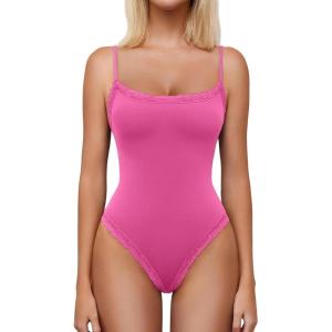 imageAvidlove Women Square Neck Lace Bodysuit Sleeveless Spaghetti Strap Tank Top Body SuitsRose Red