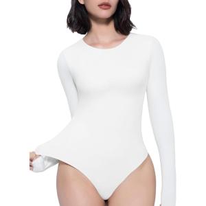 imageAvidlove Womens Crew Neck Long Sleeve Bodysuits Basic Slim Tops Double Lined Thong BodysuitWhite