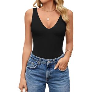 imageAvidlove Womens Sexy Plunge Deep V Neck Bodysuit Double Lined Sleeveless Thong Body Suit Leotard for Going Out TankBlack