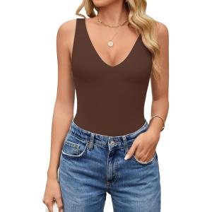 imageAvidlove Womens Sexy Plunge Deep V Neck Bodysuit Double Lined Sleeveless Thong Body Suit Leotard for Going Out TankBrown
