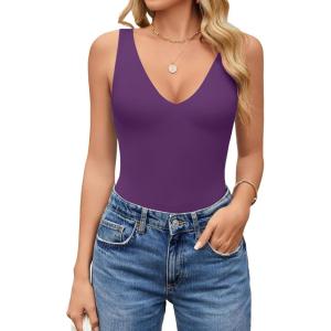 imageAvidlove Womens Sexy Plunge Deep V Neck Bodysuit Double Lined Sleeveless Thong Body Suit Leotard for Going Out TankDark Purple