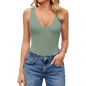 imageAvidlove Womens Sexy Plunge Deep V Neck Bodysuit Double Lined Sleeveless Thong Body Suit Leotard for Going Out TankGreen