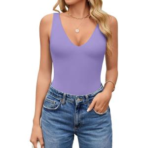 imageAvidlove Womens Sexy Plunge Deep V Neck Bodysuit Double Lined Sleeveless Thong Body Suit Leotard for Going Out TankLilac