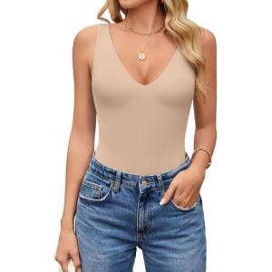 imageAvidlove Womens Sexy Plunge Deep V Neck Bodysuit Double Lined Sleeveless Thong Body Suit Leotard for Going Out TankNude
