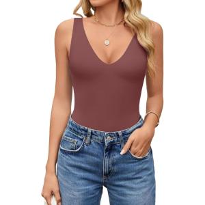 imageAvidlove Womens Sexy Plunge Deep V Neck Bodysuit Double Lined Sleeveless Thong Body Suit Leotard for Going Out TankPurple Red