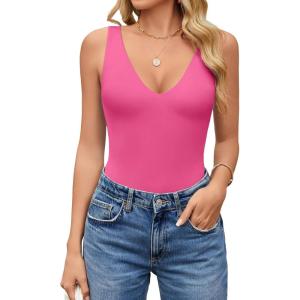 imageAvidlove Womens Sexy Plunge Deep V Neck Bodysuit Double Lined Sleeveless Thong Body Suit Leotard for Going Out TankRose Red