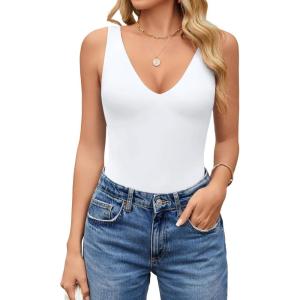 imageAvidlove Womens Sexy Plunge Deep V Neck Bodysuit Double Lined Sleeveless Thong Body Suit Leotard for Going Out TankWhite