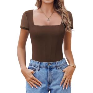 imageAvidlove Womens Short Sleeve Bodysuits Sexy Square Neck Body Suit Mesh Double Lined Tshirt Leotard Tops Going OutBrown