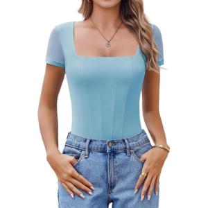 imageAvidlove Womens Short Sleeve Bodysuits Sexy Square Neck Body Suit Mesh Double Lined Tshirt Leotard Tops Going OutLight Blue