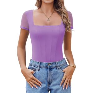 imageAvidlove Womens Short Sleeve Bodysuits Sexy Square Neck Body Suit Mesh Double Lined Tshirt Leotard Tops Going OutLilac