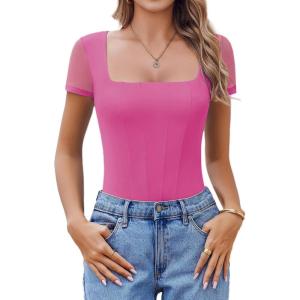 imageAvidlove Womens Short Sleeve Bodysuits Sexy Square Neck Body Suit Mesh Double Lined Tshirt Leotard Tops Going OutPink