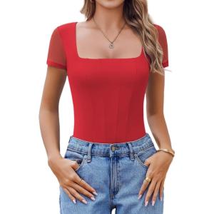 imageAvidlove Womens Short Sleeve Bodysuits Sexy Square Neck Body Suit Mesh Double Lined Tshirt Leotard Tops Going OutRed