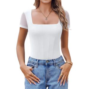 imageAvidlove Womens Short Sleeve Bodysuits Sexy Square Neck Body Suit Mesh Double Lined Tshirt Leotard Tops Going OutWhite