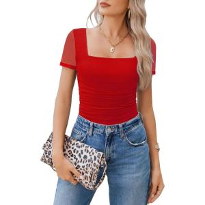 imageAvidlove Womens Square Neck Sheer Mesh Short Sleeve Bodysuit Ruched Going Out Sexy Thong Bodysuits TopsRed