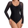 imageAvidlove Long Sleeve Bodysuit for Women Sexy V Neck Mesh Ruched Shapewear Body Suits Going Out Leotard TopsBlack