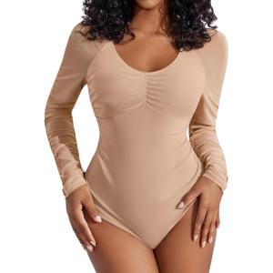 imageAvidlove Long Sleeve Bodysuit for Women Sexy V Neck Mesh Ruched Shapewear Body Suits Going Out Leotard TopsBeige