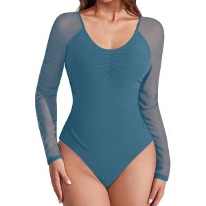 imageAvidlove Long Sleeve Bodysuit for Women Sexy V Neck Mesh Ruched Shapewear Body Suits Going Out Leotard TopsBlue
