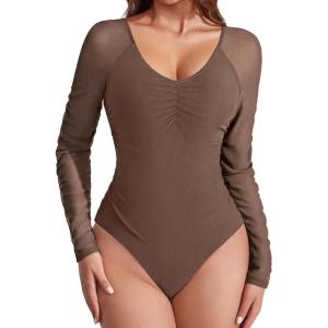 imageAvidlove Long Sleeve Bodysuit for Women Sexy V Neck Mesh Ruched Shapewear Body Suits Going Out Leotard TopsBrown