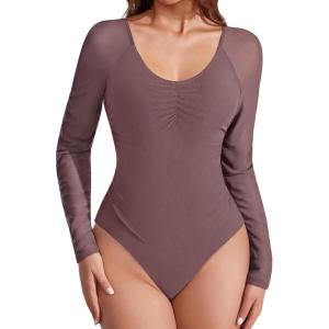 imageAvidlove Long Sleeve Bodysuit for Women Sexy V Neck Mesh Ruched Shapewear Body Suits Going Out Leotard TopsPurple