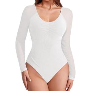 imageAvidlove Long Sleeve Bodysuit for Women Sexy V Neck Mesh Ruched Shapewear Body Suits Going Out Leotard TopsWhite