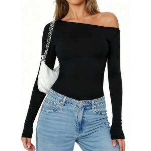 imageAvidlove Women Off the Shoulder Long Sleeve Bodysuit Double Lined Thong Body Suits Tops Soft Sexy OutfitsBlack