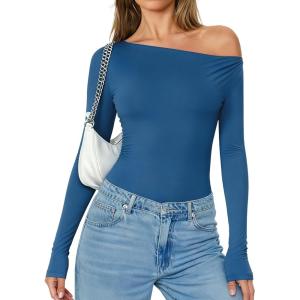 imageAvidlove Women Off the Shoulder Long Sleeve Bodysuit Double Lined Thong Body Suits Tops Soft Sexy OutfitsBlue