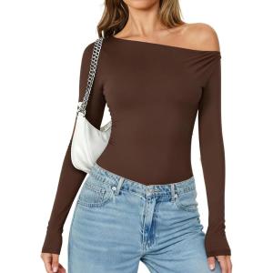 imageAvidlove Women Off the Shoulder Long Sleeve Bodysuit Double Lined Thong Body Suits Tops Soft Sexy OutfitsBrown
