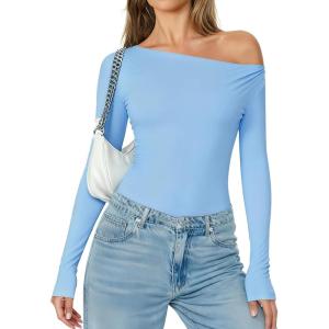 imageAvidlove Women Off the Shoulder Long Sleeve Bodysuit Double Lined Thong Body Suits Tops Soft Sexy OutfitsLight Blue
