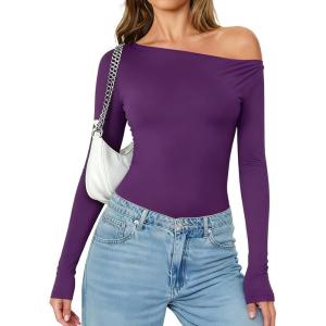 imageAvidlove Women Off the Shoulder Long Sleeve Bodysuit Double Lined Thong Body Suits Tops Soft Sexy OutfitsPurple