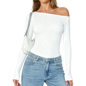imageAvidlove Women Off the Shoulder Long Sleeve Bodysuit Double Lined Thong Body Suits Tops Soft Sexy OutfitsWhite