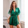 image:imageAvidlove Women Lingerie Robe Satin Sleepwear Eyelash Lace Kimono Side Split Sexy Silk RobesDark Green