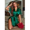 image:imageAvidlove Women Lingerie Robe Satin Sleepwear Eyelash Lace Kimono Side Split Sexy Silk RobesDark Green