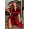 image:imageAvidlove Women Lingerie Robe Satin Sleepwear Eyelash Lace Kimono Side Split Sexy Silk RobesDark Red