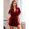 image:imageAvidlove Women Lingerie Robe Satin Sleepwear Eyelash Lace Kimono Side Split Sexy Silk RobesDark Red