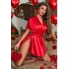 image:imageAvidlove Women Lingerie Robe Satin Sleepwear Eyelash Lace Kimono Side Split Sexy Silk RobesRed