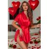 image:imageAvidlove Women Lingerie Robe Satin Sleepwear Eyelash Lace Kimono Side Split Sexy Silk RobesRed