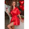 image:imageAvidlove Women Lingerie Robe Satin Sleepwear Eyelash Lace Kimono Side Split Sexy Silk RobesRed