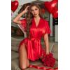 image:imageAvidlove Women Lingerie Robe Satin Sleepwear Eyelash Lace Kimono Side Split Sexy Silk RobesRed