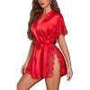 image:imageAvidlove Women Lingerie Robe Satin Sleepwear Eyelash Lace Kimono Side Split Sexy Silk RobesRed